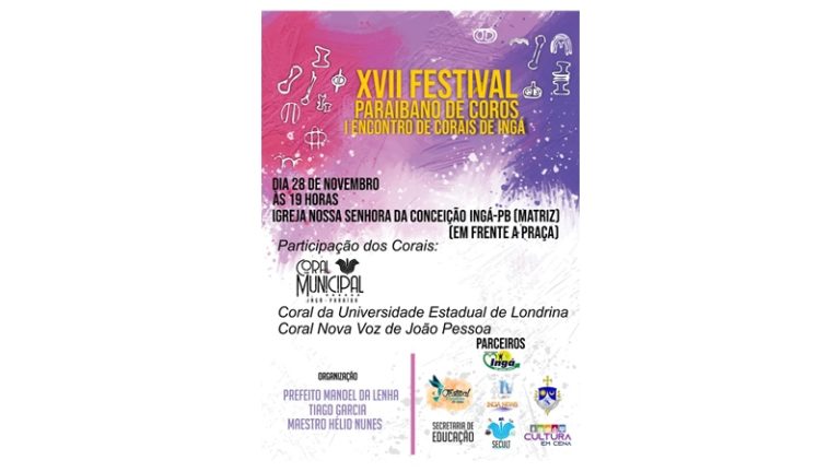 Ingá será pioneiro em sediar festival de apresentação de corais. Dia 28/11