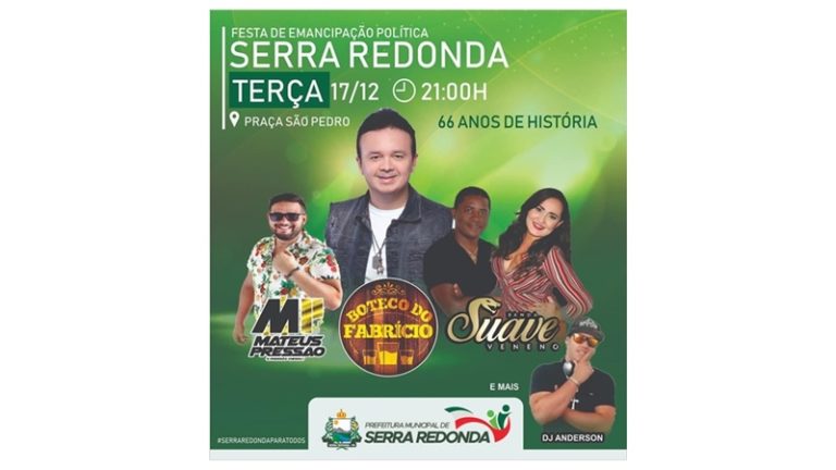Prefeitura de Serra Redonda comemora aniversário com shows, inaugurações e entrega de veículo. Confira programação