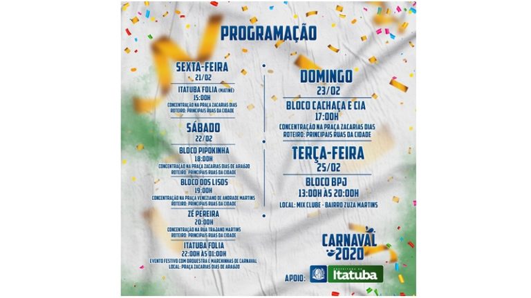 CARNAVAL DE ITATUBA: Confira programação de blocos na cidade e Churrascaria Mirante em Melancia