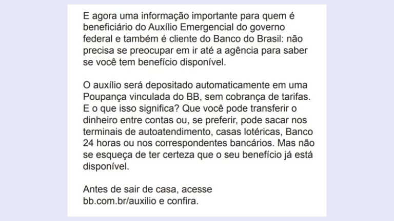 AVISO: Quem tem conta no Banco do Brasil não precisa ir à agência para tratar sobre o Auxílio Emergencial