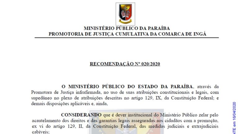 Ministério Público recomenda comércio fechado em Ingá, Itatuba, Riachao e Serra