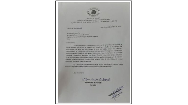 Vereador Aílton Nunes solicita pagamento de insalubridade aos profissionais de saúde que atuam diretamente no combate ao CONVID-19