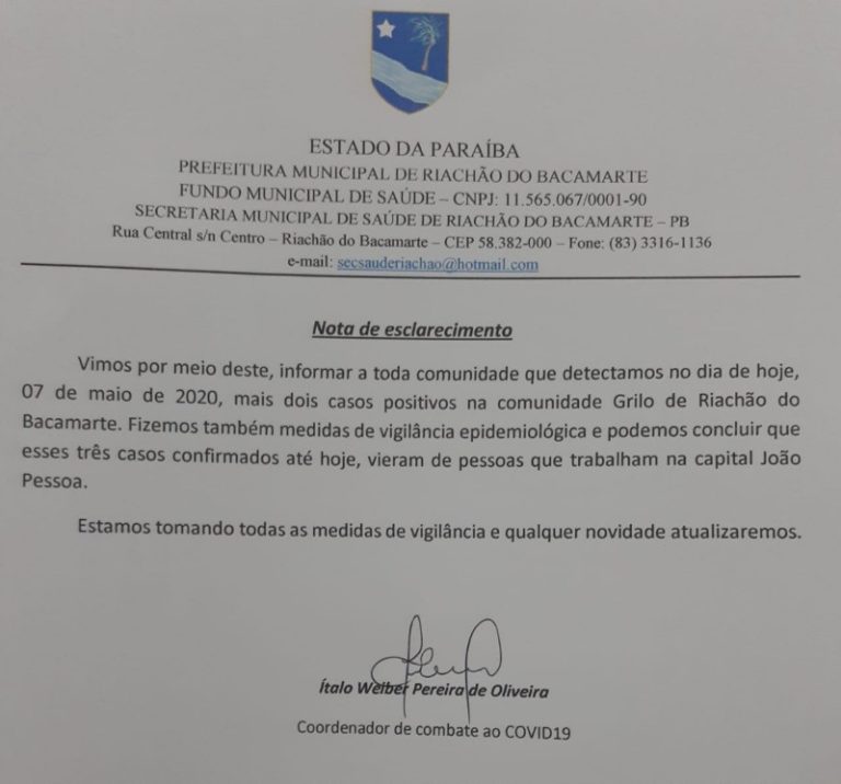 Mais dois casos confirmados do Coronavirus em Riachao do Bacamarte