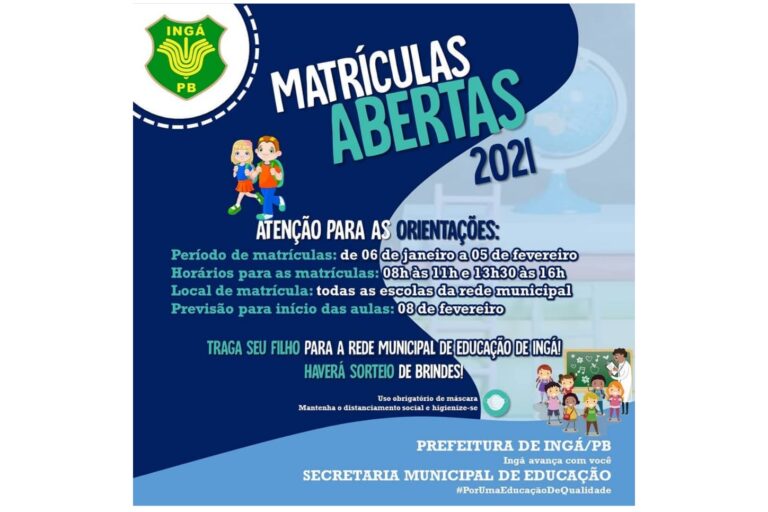 INGÁ: Aberto o período de matriculas na rede municipal de Ensino. As primeiras matriculas concorrem a prêmios!