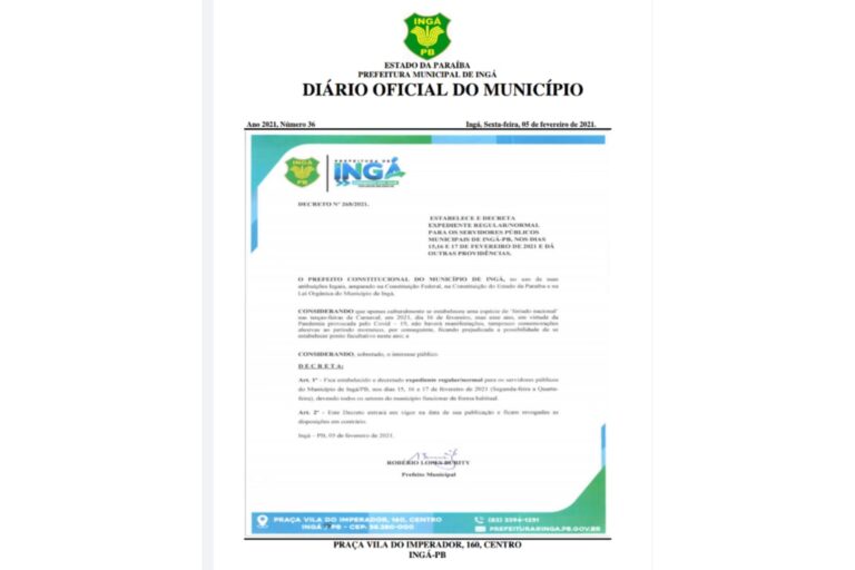 INGÁ: Devido à pandemia, prefeito Robério decreta expediente normal nos dias 15, 16 e 17 de fevereiro, o que seria período de Carnaval