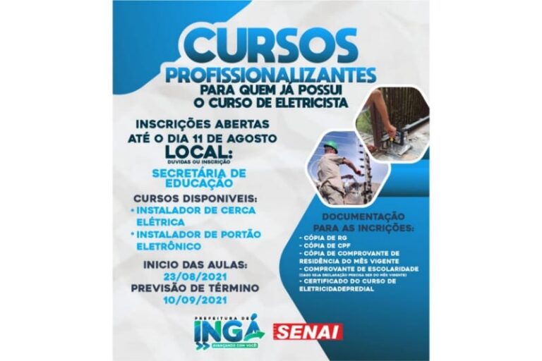 INGÁ: Prefeitura oferece mais dois cursos de capacitação. Veja como se inscrever
