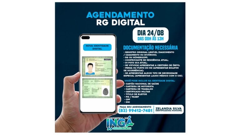 NESTA TERÇA (24) EM INGÁ: agendamento online para retiradas da Carteira de Identidade (RG), 1ª e 2ª Via, referente ao mês de SETEMBRO.