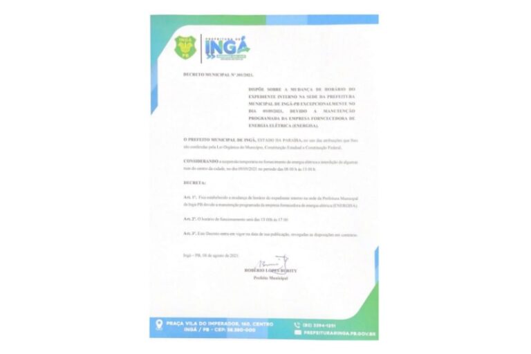 Excepcionalmente, o expediente da Prefeitura de Ingá será no turno da tarde nesta quinta (09)