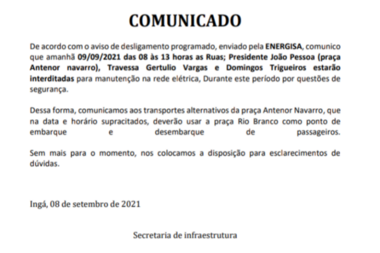 COMUNICADO: Nesta quinta (9) haverá falta de energia elétrica e interdição de ruas no entorno da rotatória central de Ingá, das 08 às 13 h