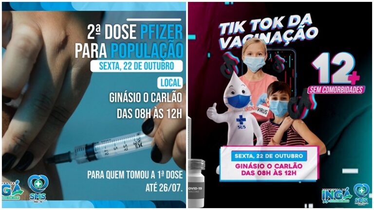VACINA: Sexta tem aplicação da D2 da Pfizer e para adolescentes 12+ no Carlão