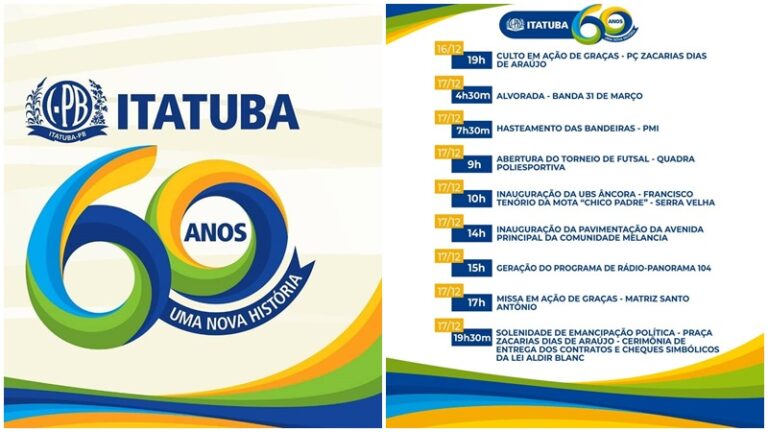 Prefeitura de Itatuba divulga calendário de eventos em comemoração aos 60 anos de emancipação política