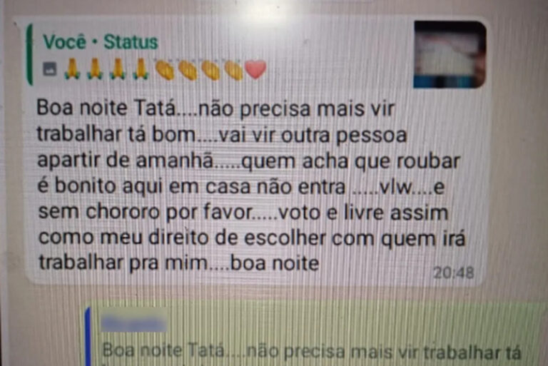 Diarista demitida por opinião política recebe indenização de R$ 14 mil por danos morais em MT Diarista demitida por opinião política recebe indenização de R$ 14 mil por danos morais em MT