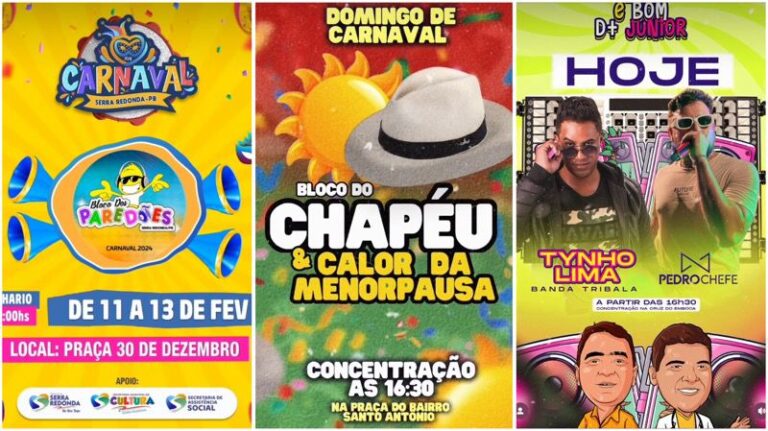 NESTE DOMINGO TEM: Bloco do Chapéu em Itatuba, Carnaval de Rua em Serra Redonda e Bloco É bom D+ Júnior em Ingá