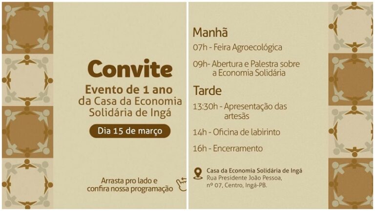 INGÁ: Casa da Economia Solidária realiza eventos em comemoração ao 1º ano de implantação nesta sexta (15)