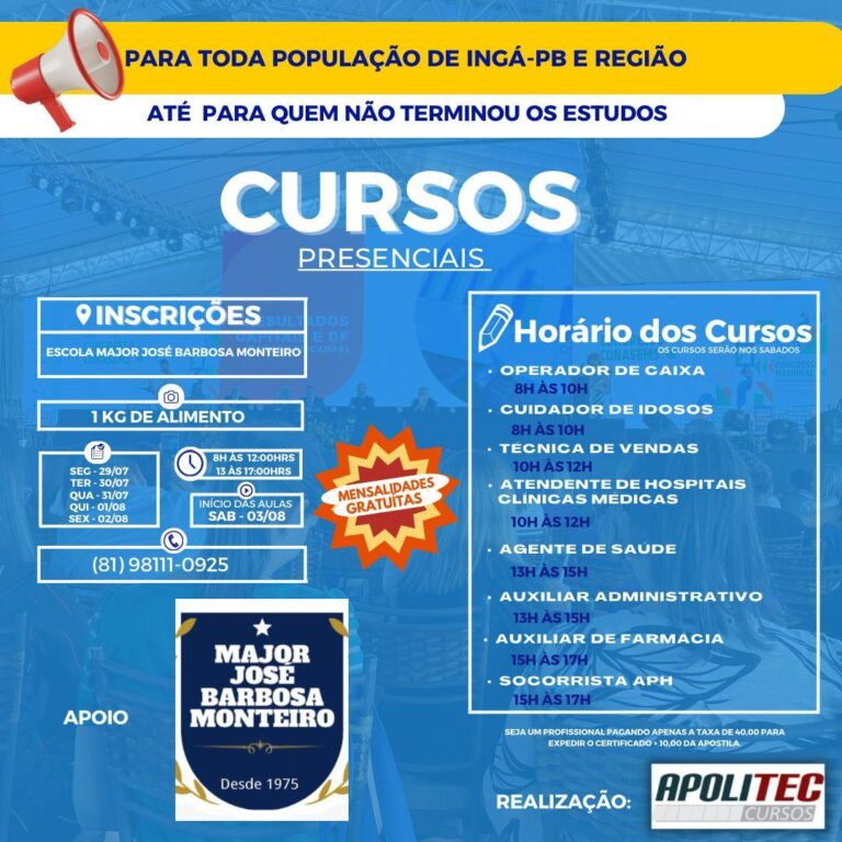 Apolitec oferece capacitação em diversas áreas a todos de Ingá e região. Faça sua inscrição e se prepare para o mercado de trabalho
