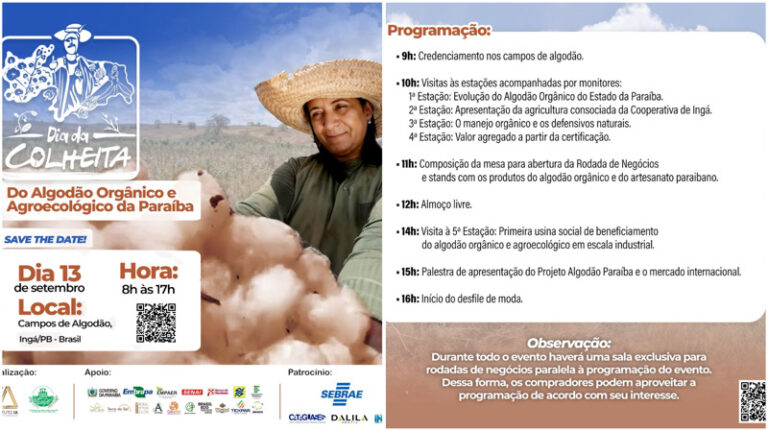 DIA 13/09: Ingá Sedia Dia da Colheita do Algodão Orgânico e Agroecológico da Paraíba destacando a sustentabilidade