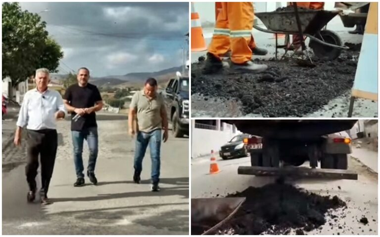 Ação cumprida: João Gonçalves, ao lado de Rey Lira e Alex, acompanha início da recuperação da rodovia que corta o Centro de Ingá