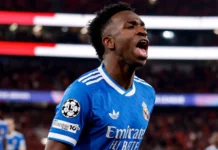 Champions: em jogo com protocolo antirracista, Vini marca e Real vence